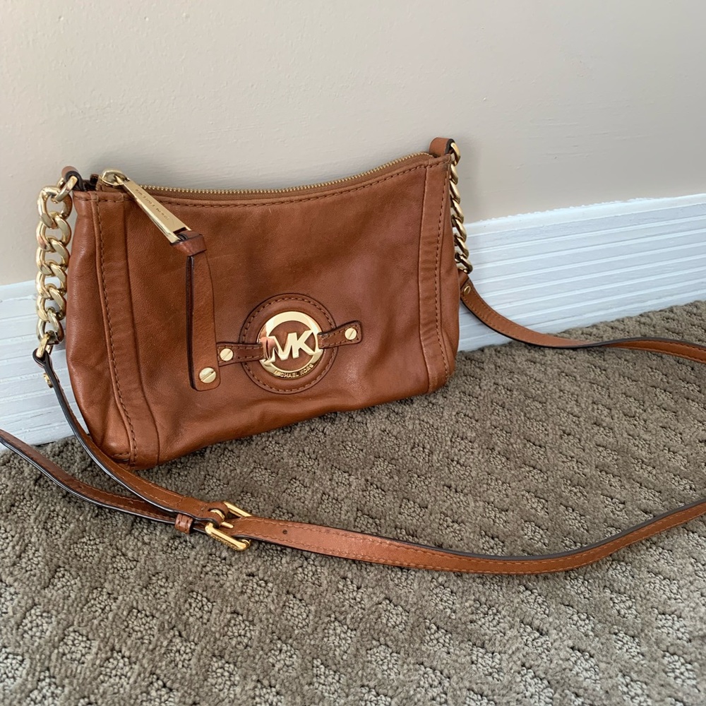 Michael Kors Brown Leather Crossbody Bag with Gold Hardware